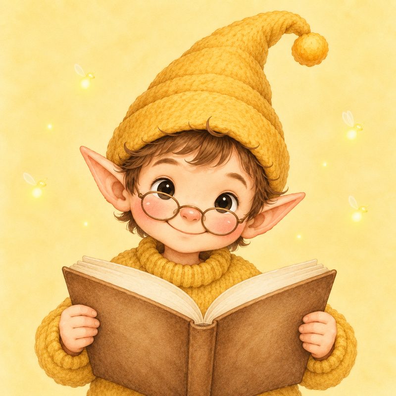 Elfenbruder mit gelber Zipfelmütze, Brille und Buch